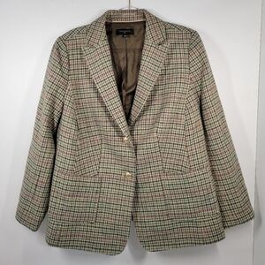 Talbots Tan Green Purple Plaid Wool Blend Button Jacket Blazer Women Size 14W